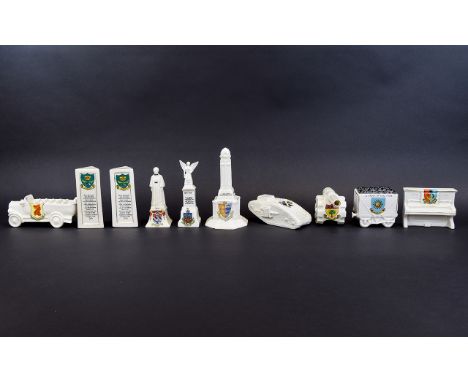 A Collection of Sought After and Rarer Arcadian and Goss Crested Ware ( 10 ) Items In Total. Comprises 1/ Model of Tank, Alba