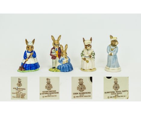Royal Doulton Early Hand Painted Bunnykins Figures ( 4 ) Four In Total. Comprises 1/ Father, Mother and Victoria Bunnykins. D