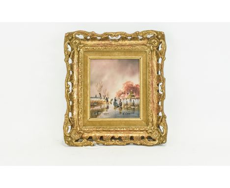 K. Barsen ( 20th Century ) Dutch Winter Scene with Ice Skater on a River Close to a Town & a Farm Cottage - Oil on Board. Sig
