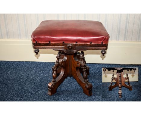 Antique and Impressive Carved Oak Revolving Leather Topped Piano Stool of Excellent Proportions with Very Ornate Carved Suppo