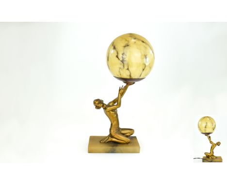 Art Deco Period Figural Spelter Table Lamp with original Art Deco glass shade, circa 1930. Features a semi naked female dance