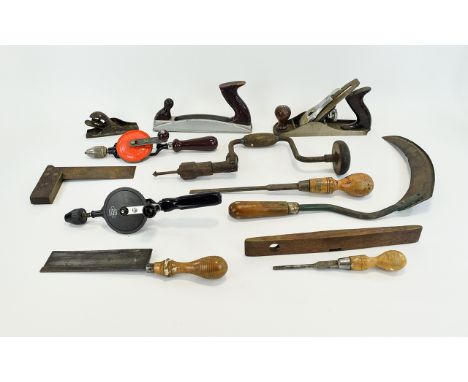 A Mixed Collection Of Antique And Vintage Tools To include scythe, hand plane, spirit level etc.