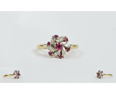 Ladies 18ct Gold Set Ruby and Diamond Cluster Ring, flowerhead setting. full hallmarked. Ring size M-N Nice condition.