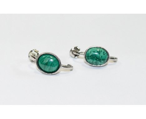 Malachite J-Hoop Earrings, two oval cabochons of the unique green stone, totalling 8.5cts, set in platinum vermeil and silver