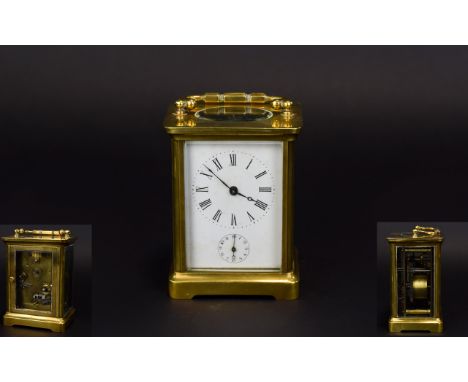 English - Late 19th Century Nice Quality Brass Cased Carriage Clock with Alarm Bell to Underside of Clock. Features Visible E