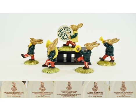 Royal Doulton Rare - Hand Painted Bunnykins - Complete Set of Oompah Green Band Figures. Comprises 1/ Drum Major Bunnykins. D