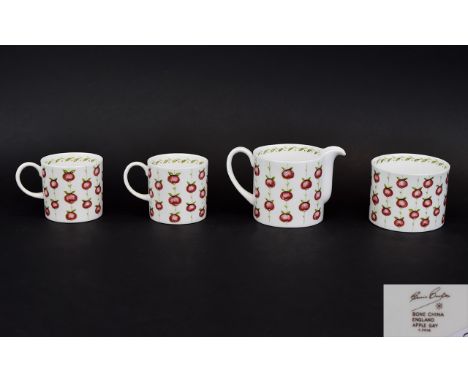 Susie Cooper Four Piece Tea Service 'Apple Gay' design featuring stylised hand sketched red apples with green leaves on white