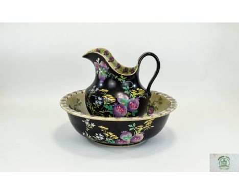 Maling - Large Hand Painted Wash Basin and Pitcher From The 1920's. Floral Pattern on Black Ground, Wash Basin Diameter 16 In