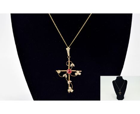 9ct Gold Edwardian Pendant Stylised Cross Design, Central Round Ruby Coloured Stone Between Leaf Vine Set With Seed Pearls  5