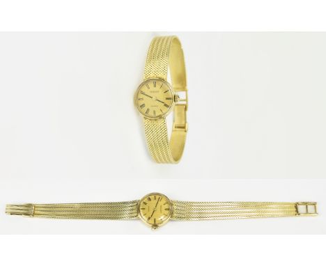Ladies - Tissot 14ct Gold Quartz Wrist Watch with Integral 14ct Gold Mesh Bracelet. Fully Hallmarked 585 14ct Gold. Champagne