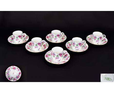 Shelley Early Set of 6 Coffee Cans and Six Saucers ' Haddon ' Design, Pattern No 10880, Reg No 657898. c.1916 - 1920. Dark Pi