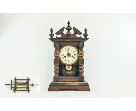 Junghang Late 19thC Carved Oak Cased Striking Pendulum Mantel Clock circa 1890 with 8 day movement. Striking on a bell with a