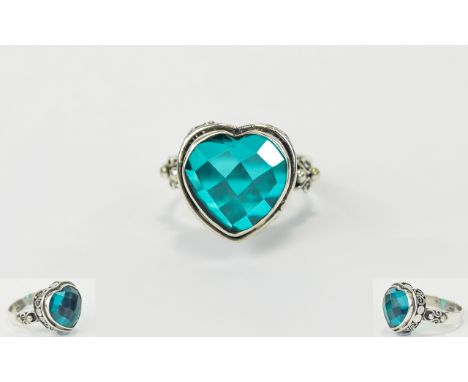 Ocean Teal Quartz Heart Shaped Ring, a heart cut ocean teal quartz of 8cts with a chequerboard cut to the surface, set in a h