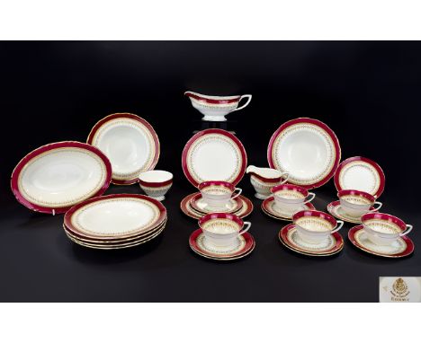 Royal Worcester Nice Quality ( 30 ) Piece Part Tea and Dinner Service - Regency Pattern, Ruby, White and Gold Colour way. Com