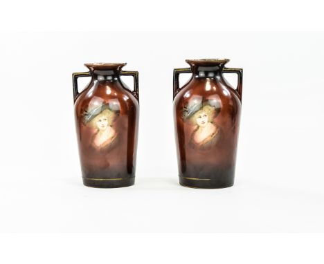 A Pair Of Late 19th Century European Twin Handle Vases Two small vases of plain form, marked Greece to the base, in burnt umb