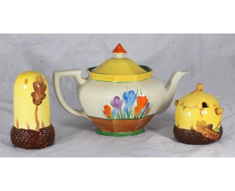 A Clarice Cliff 'Bizarre', Athens shaped teapot in the 'Crocus' pattern, 14cm high including handle, together with a Burleigh