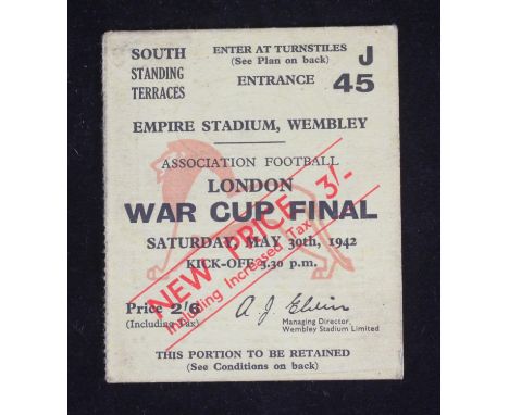 A London War Cup Final Ticket, Brentford v Portsmouth, May 30th, 1942, good/fair condition 