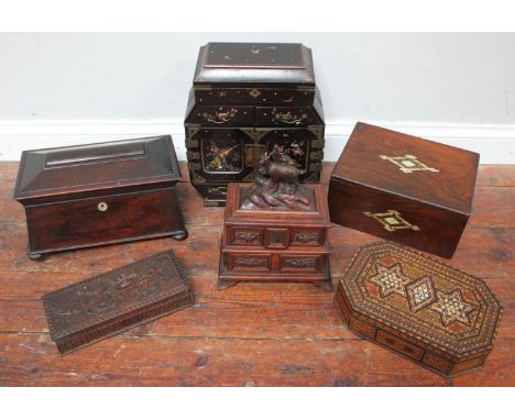 A Tunbridge ware jewellery box with applied mother-of-pearl decoration, together with a tea caddy, Chinese style jewellery ca