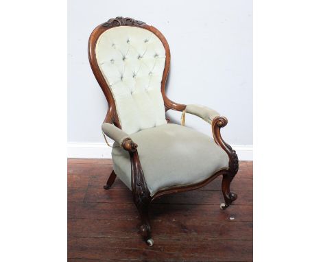 A Victorian mahogany spoon-back open armchair, in velvet button-back upholstery, together with a Victorian spoon-back nursing