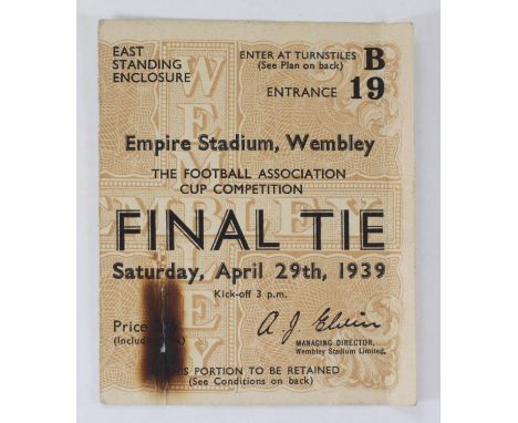 An Empire Stadium, Wembley ticket stub, FA Cup Final Tie, 1939 for Portsmouth v Wolves, East Standing Enclosure (Burn to bott