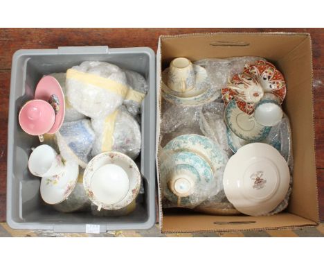 Fifteen sets of colourful trios together with fifteen teacups and saucers including Johnson Bros &amp; Royal Leighton, a larg