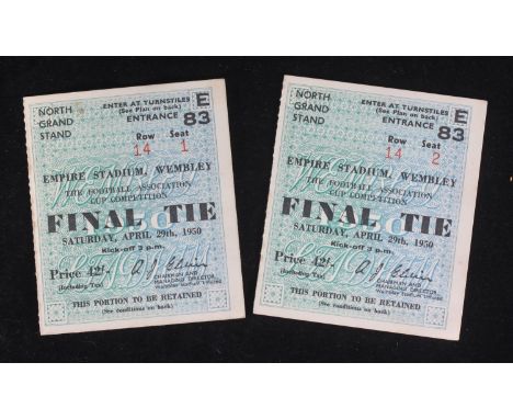 A pair of FA Cup Final Tickets Arsenal v Liverpool, April 29th, 1950, Price 42/-, North Grand Stand, row 14 seats 1 and 2, bo