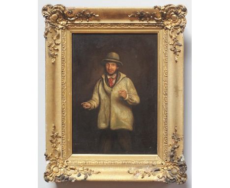 A 19th Century oil on canvas portrait of a shepherd in a white coat, gilt framed, 40x28cm 