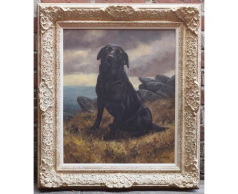 John Trickett (b.1952) Portrait study of a seated black Labrador on a hilltop, with sea and horizon line beyond, signed, oil 