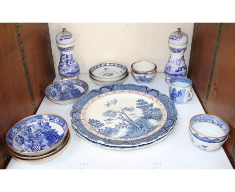 SECTION 26. A collection of assorted blue and white ceramics including two Willow Pattern plates, an 18th century Worcester o