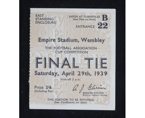 An FA Cup Final Ticket Portsmouth v Wolves, April 29th, 1939, seat B22, good condition 