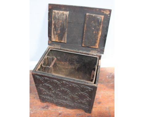 A Victorian carved oak wooden box with leaf decoration and internal metal twin-handled trough, 53cm wide 