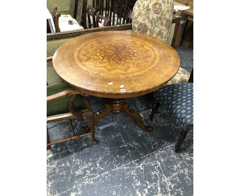 A 19th-century mahogany and parquetry inlaid centre table on a tripod base. H 75 W 100 D 100cms