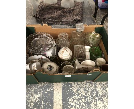Drinking and other glass, a pair of pottery candlesticks, ceramic boxes and tea wares