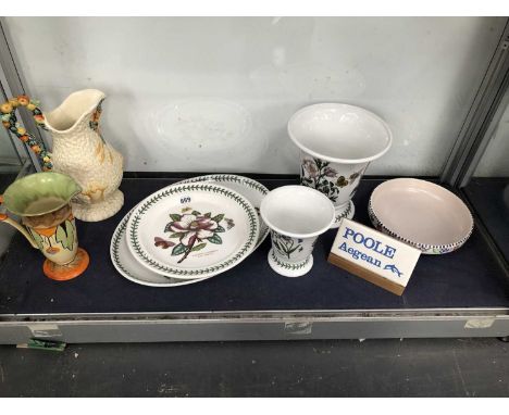 Port Meirion Botanic Gardens vases and platters, a Poole Aegean plaque and a bowl, together with a Clarice Cliff ewer and a M