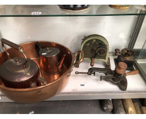 A large 19th-century copper and brass two-handled basin,  kettle and coffee pot, and three various grinders.  