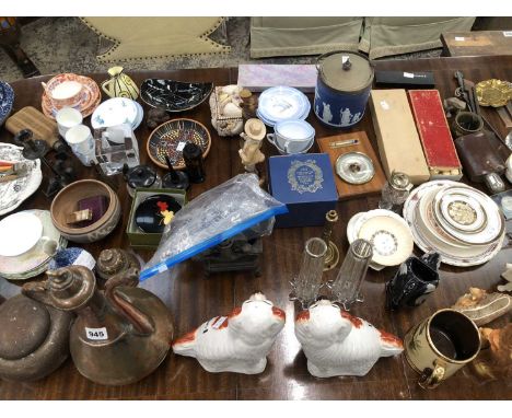 An electroplate chamber stick, studio pottery bowls, a blue jasper biscuit barrel, an eastern copper ewer, coronation and oth