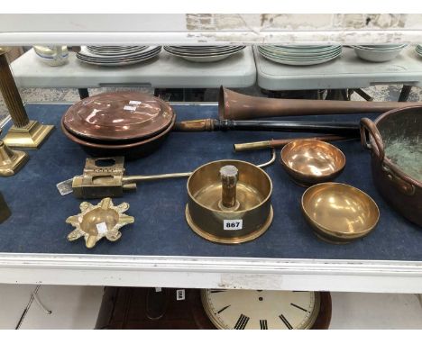 A copper jam pan, a bed pan, a coaching horn, brass candlesticks, a bras pipe and bowls