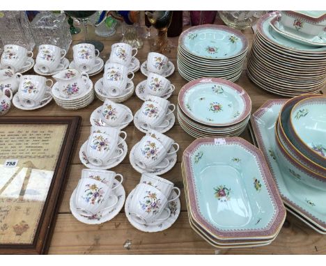 A Royal Worcester floral part coffee set, a print of a sampler and an Adams Calyx ware part dinner set