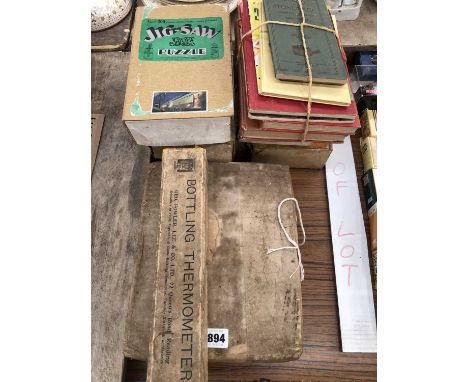 GWR jigsaw puzzles, cookery and toy railway books together with a bottling thermometer