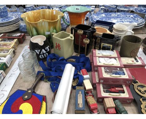 Pub advertising jugs, memory competition medallions, boxed die cast toys, a Chinese scroll, etc.