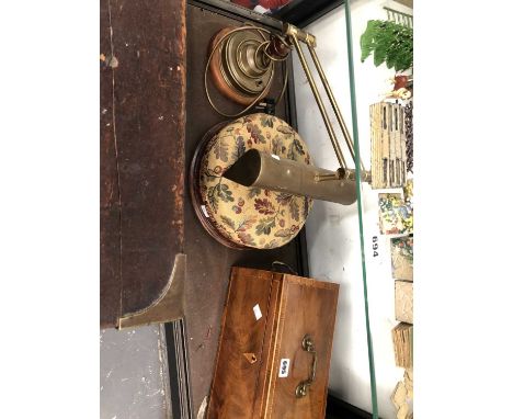 A Georgian large tea caddy, a foot stool and a desk lamp. 