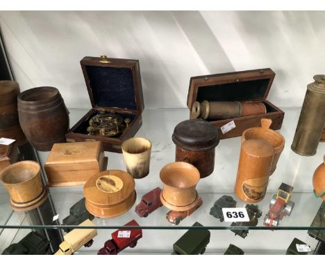 A collection of Mauchline ware, two telescopes, a sundial compass, treen etc. 