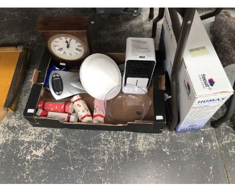 A humidifier, a Salter scales, a clock, a boxed Humax satellite TV recorder