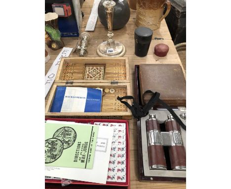 An electroplate candelabrum, backgammon, mahjong and gaming counters together with a cased cocktail set