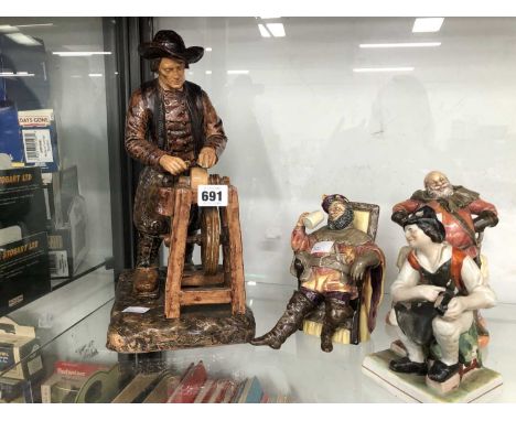 Two Doulton figures, Falstaff and The Foaming Quart together with a Staffordshire figure of a cobbler and a later pottery fig