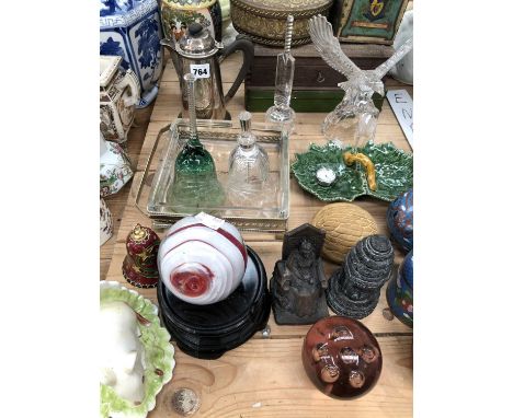 A Chinese blue and white vase, Chinese cloisonne boxes, glass ware, vintage tins, etc.