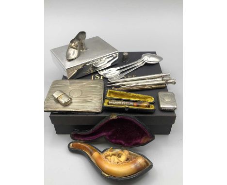 Three hallmarked silver pencils, a further propelling plated example, two Georgian and one Victorian silver spoons, a vesta, 
