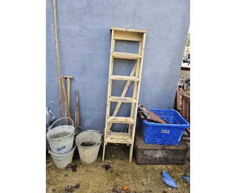 Quantity of garden tools, galvanised buckets, step ladder, tool box etc