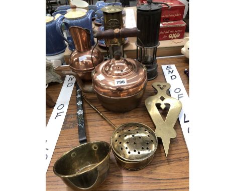Two miner's lamps, a brass trivet, a brass ladle, a chestnut roaster, a copper kettle, etc.