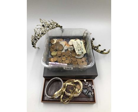 A collection of coins and banknotes, a gents vintage Rotary wristwatch, costume jewellery, an unhallmarked silver heart locke